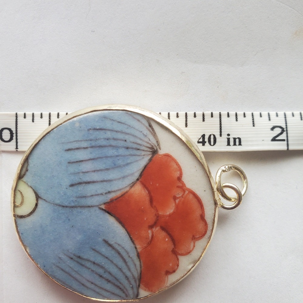 Vintage Hand Painted Porcelain Floral Round Pendant Blue Orange Pottery Shard - Picture 9 of 10